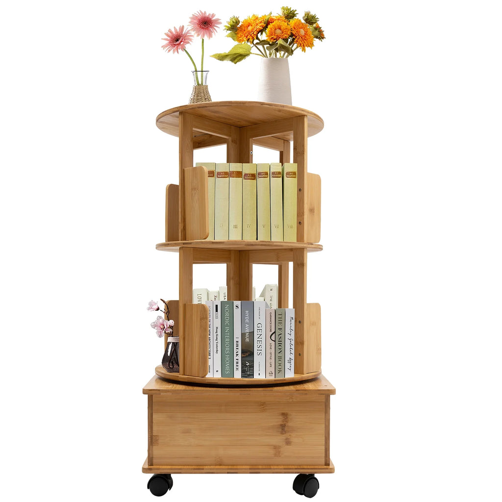 2 Tiers Rotating Bamboo Side Table with Wheels P10236