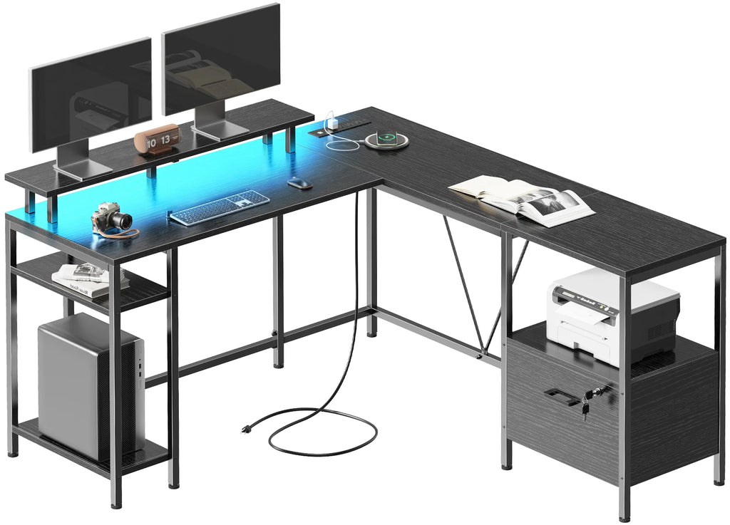 Black L Shaped Desk with Power Outlets & LED Lights O6457