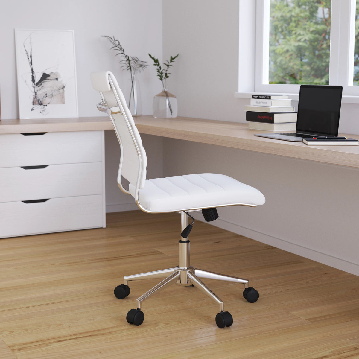 White Ergonomic Swivel Office Chair Faux Leather Mid-Back Armless Z823