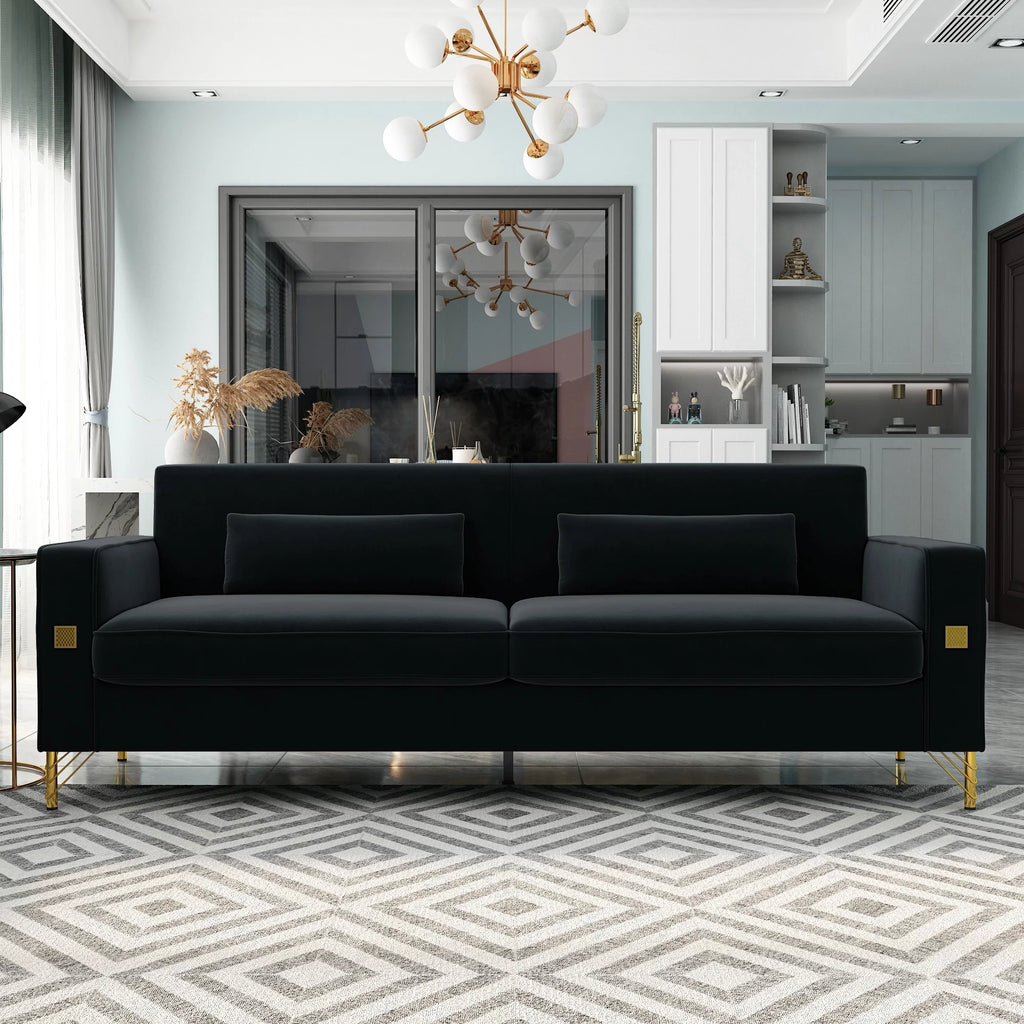 Orange Velvet 3-Seater Sofa with Gold Legs Q617