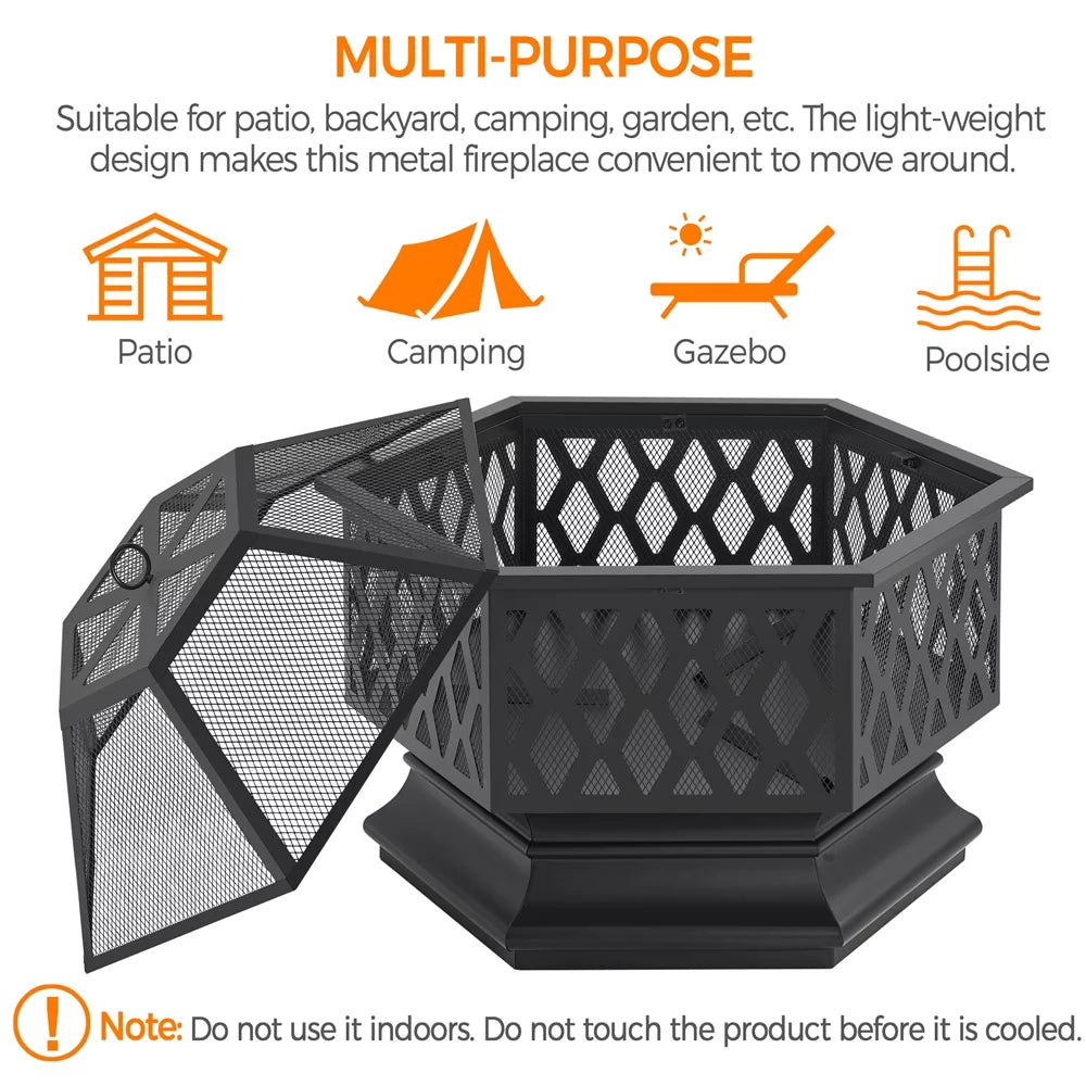 Black Hex-Shaped Steel Wood Burning Fire Pit with Spark Screen & Fire Poker H309344