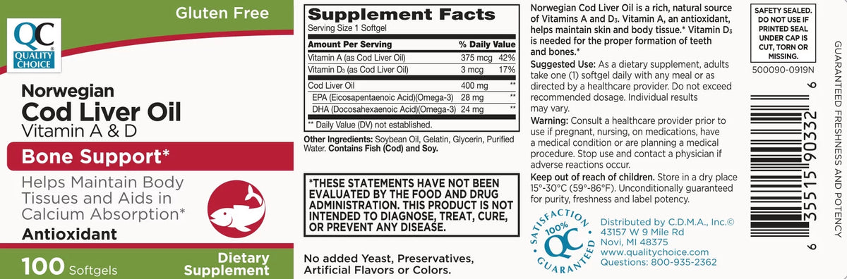 Norwegian Cod Liver Oil Vitamin A & D Softgels, 100 Count J6670