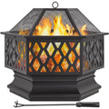 Black Hex-Shaped Steel Wood Burning Fire Pit with Spark Screen & Fire Poker H309344