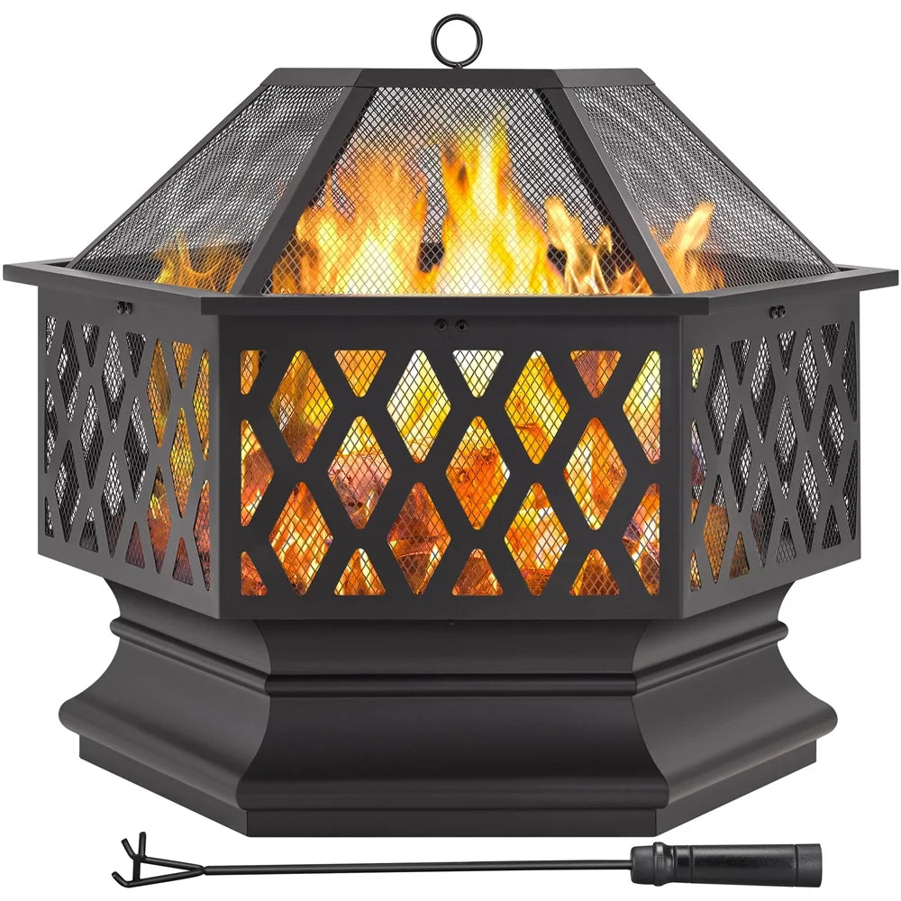 Black Hex-Shaped Steel Wood Burning Fire Pit with Spark Screen & Fire Poker H309344