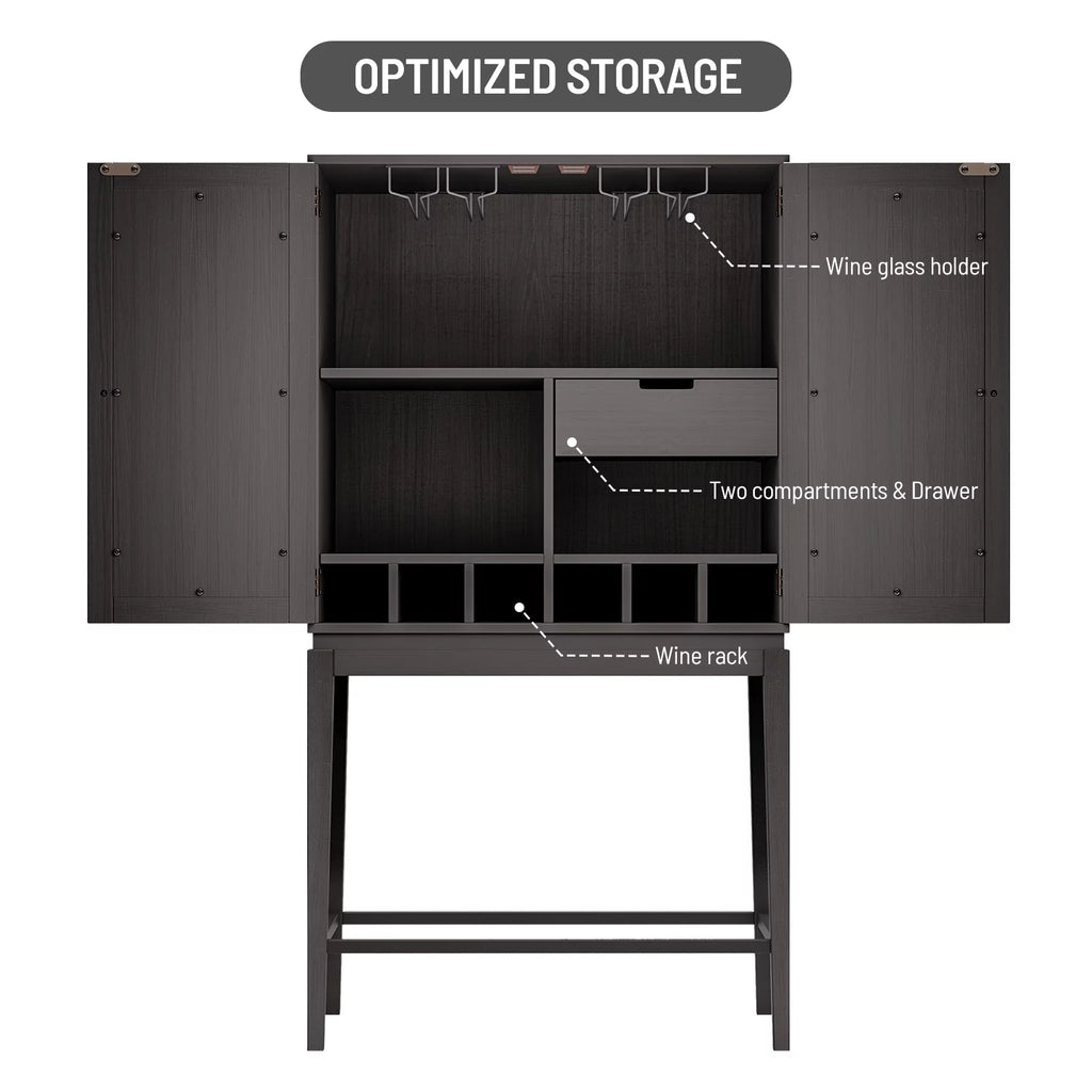 Solid Rubber Wood Double Mirror Door Wine Cabinet with Glass Holder Q62747