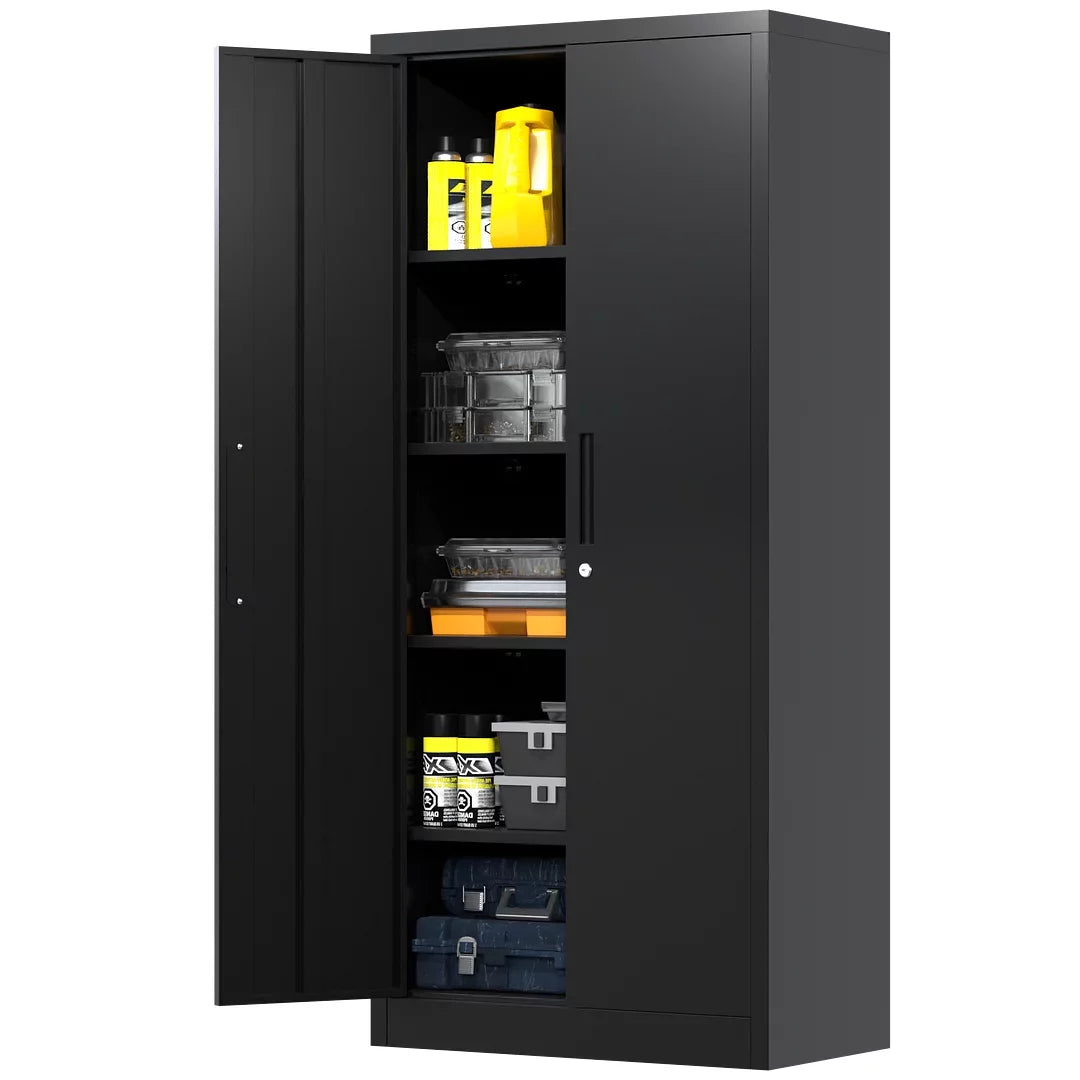 Black Metal Storage Cabinet with Lockable Doors and Shelves P90588