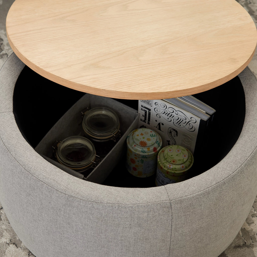 Grey Round Storage Ottoman with Wood Tray G947037