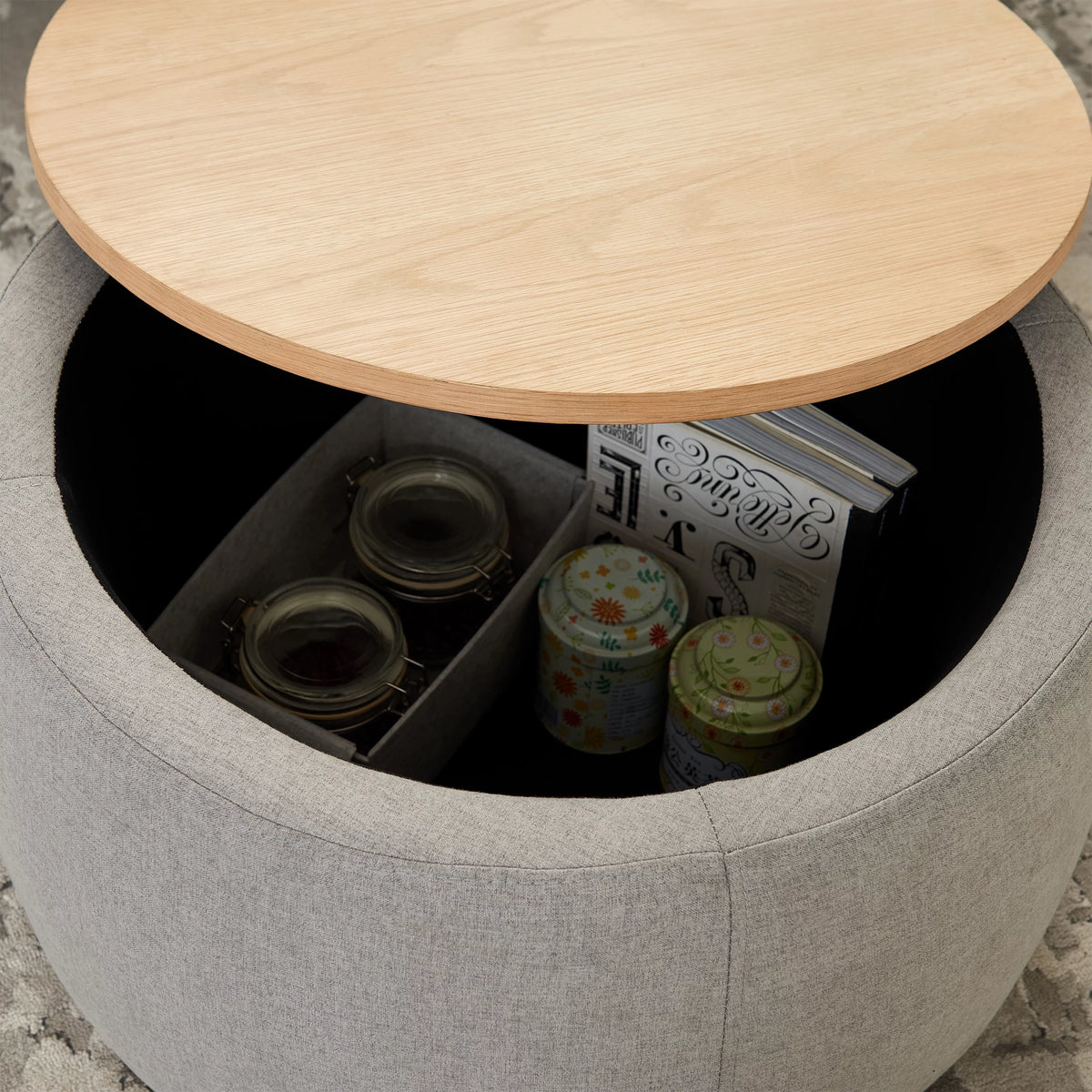 Grey Round Storage Ottoman with Wood Tray G947037