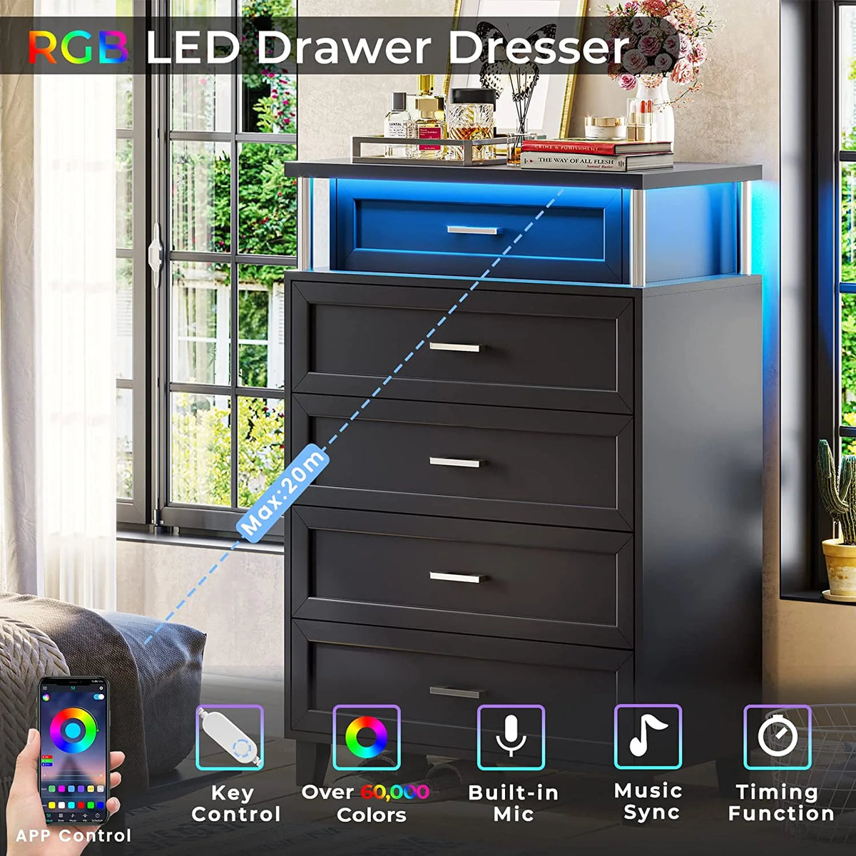Black 5 Drawers Wood Dresser with LED Light R898