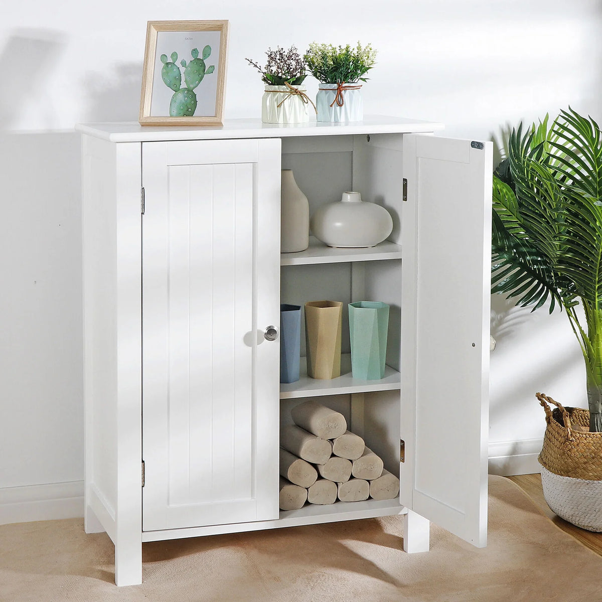 White Wooden Bathroom Floor Cabinet 3 Shelves L803115